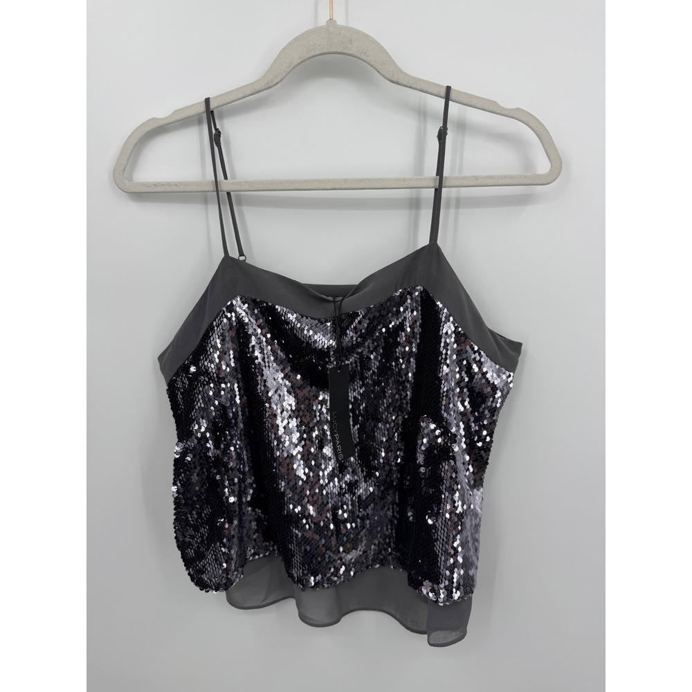 NWT Lucy Paris Sequin Cami Top Womens Size M Grey Adjustable Strap V-Neck New